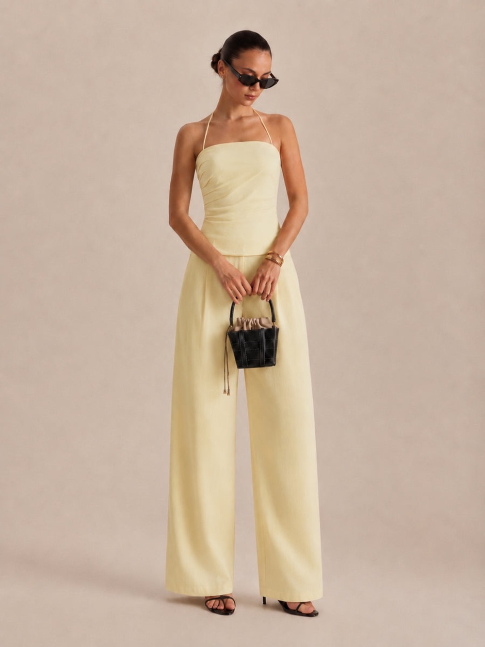 Strapless Halter Wide-Leg two piece set in Pale Yellow